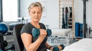 Mulher de meia-idade realiza exercício com halteres em ambiente de fisioterapia, representando a prática de musculação para prevenção da sarcopenia.