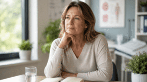 Mulher adulta em momento reflexivo, representando os impactos da menopausa, mudanças hormonais e cuidados com a saúde feminina.