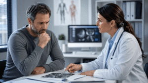Pessoa em consultório médico durante avaliação de saúde, representando o debate sobre peptídeos e os riscos do uso sem acompanhamento.