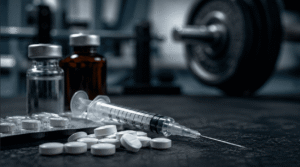 Comprimidos, ampolas e seringa dispostos sobre superfície escura com barra de musculação desfocada ao fundo, simbolizando o uso de anabolizantes